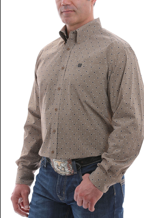 Cinch Men's Modern Fit Geo Print Long Sleeve Button-Down Western Shirt Brown