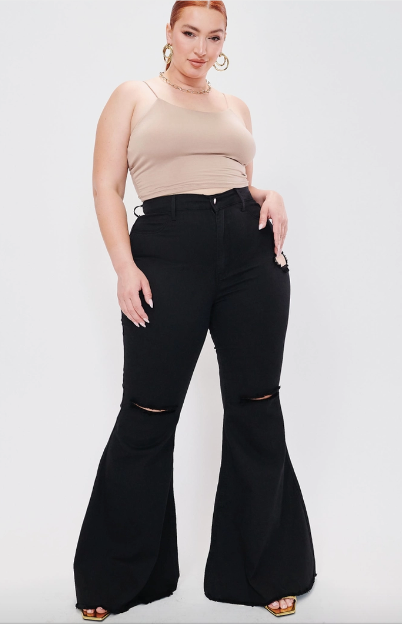 Plus Distressed Black Bell Bottom Jeans